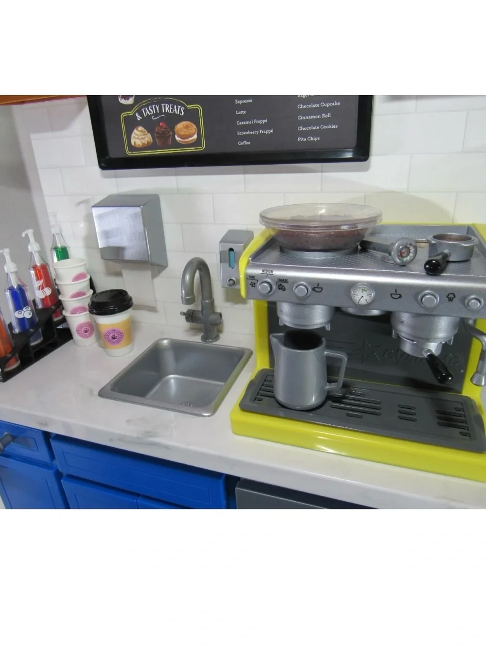 American Girl Local Bean Coffee Shop Play Counter with Yellow Espresso Machine